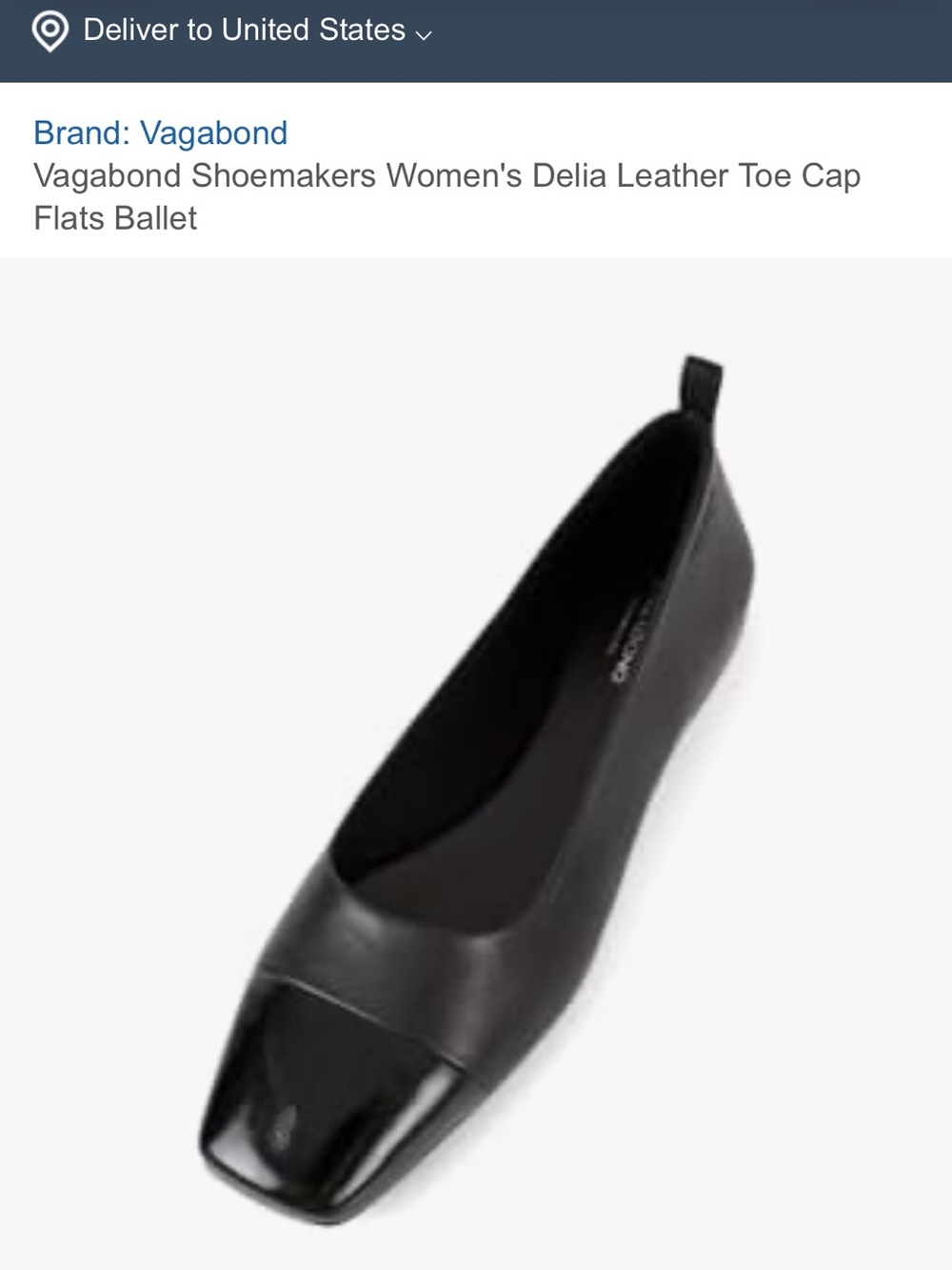 Vagabond Black Leather Square-Toe Ballet Flat with Patent Cap